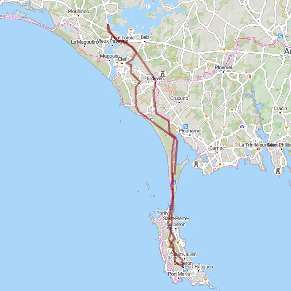 Map miniature of "Gravel Adventure in Quiberon" cycling inspiration in Bretagne, France. Generated by Tarmacs.app cycling route planner