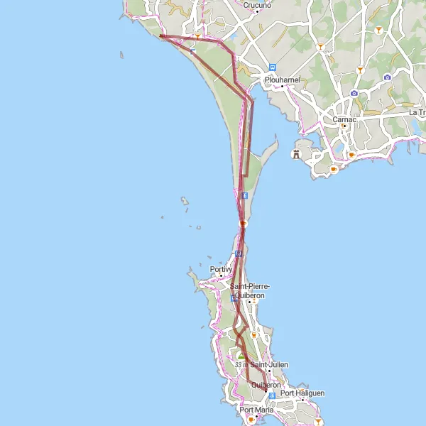 Map miniature of "Hidden Treasures of Quiberon" cycling inspiration in Bretagne, France. Generated by Tarmacs.app cycling route planner