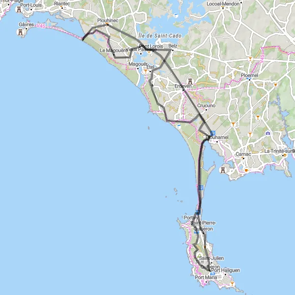Map miniature of "Coastal Exploration: Quiberon to Étel" cycling inspiration in Bretagne, France. Generated by Tarmacs.app cycling route planner