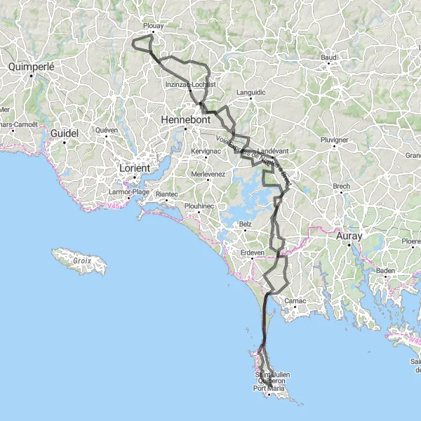 Map miniature of "The Megalithic Journey: Quiberon to Locmariaquer" cycling inspiration in Bretagne, France. Generated by Tarmacs.app cycling route planner