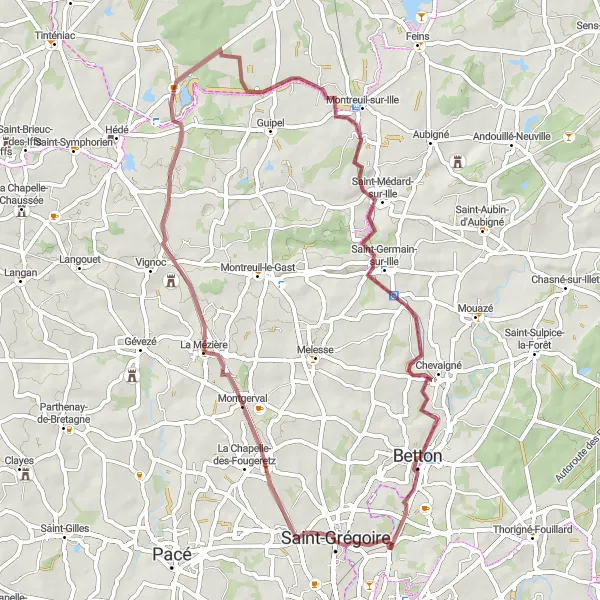 Map miniature of "Gravel Cycling Route from Rennes" cycling inspiration in Bretagne, France. Generated by Tarmacs.app cycling route planner