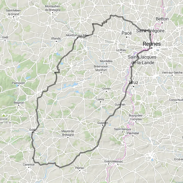 Miniature de la carte de l'inspiration cycliste "Tour de Rennes à Montgermont" dans la Bretagne, France. Générée par le planificateur d'itinéraire cycliste Tarmacs.app