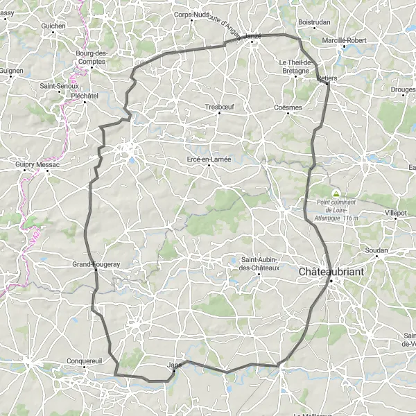 Miniature de la carte de l'inspiration cycliste "Les châteaux de Bretagne" dans la Bretagne, France. Générée par le planificateur d'itinéraire cycliste Tarmacs.app