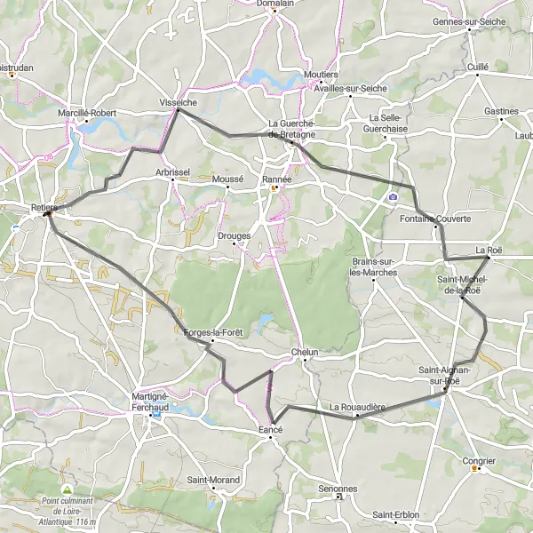 Miniature de la carte de l'inspiration cycliste "Tour de La Guerche-de-Bretagne" dans la Bretagne, France. Générée par le planificateur d'itinéraire cycliste Tarmacs.app