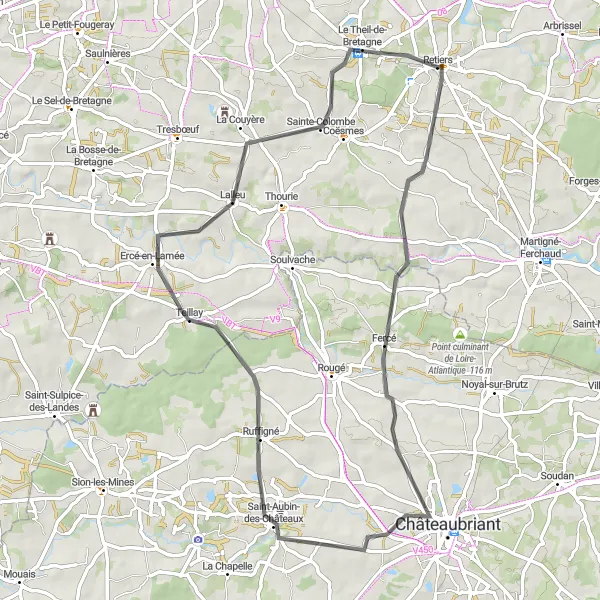 Miniature de la carte de l'inspiration cycliste "Tour du Theil-de-Bretagne" dans la Bretagne, France. Générée par le planificateur d'itinéraire cycliste Tarmacs.app