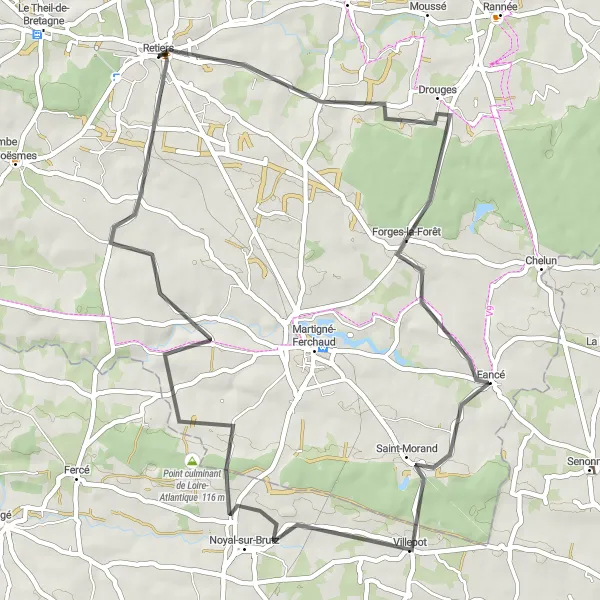 Miniature de la carte de l'inspiration cycliste "Boucle de Drouges" dans la Bretagne, France. Générée par le planificateur d'itinéraire cycliste Tarmacs.app