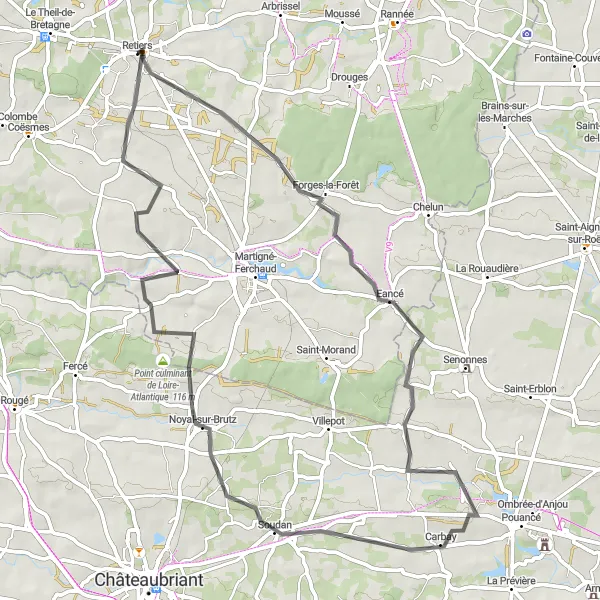 Miniature de la carte de l'inspiration cycliste "Parcours de Noyal-sur-Brutz" dans la Bretagne, France. Générée par le planificateur d'itinéraire cycliste Tarmacs.app