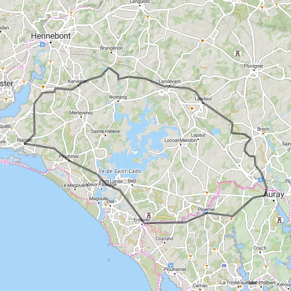 Map miniature of "Scenic Road Cycling Route to Kervignac and Plouhinec" cycling inspiration in Bretagne, France. Generated by Tarmacs.app cycling route planner