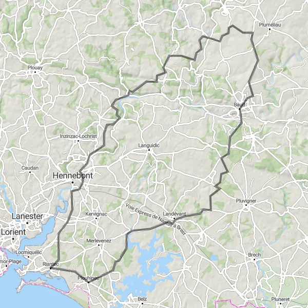 Miniature de la carte de l'inspiration cycliste "Les collines de Quistinic" dans la Bretagne, France. Générée par le planificateur d'itinéraire cycliste Tarmacs.app