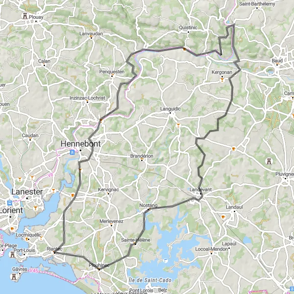 Map miniature of "Riantec to Poul-Fetan Round-Trip Cycling Route" cycling inspiration in Bretagne, France. Generated by Tarmacs.app cycling route planner