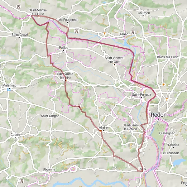 Miniature de la carte de l'inspiration cycliste "La Vallée de l'Oust en Gravel" dans la Bretagne, France. Générée par le planificateur d'itinéraire cycliste Tarmacs.app