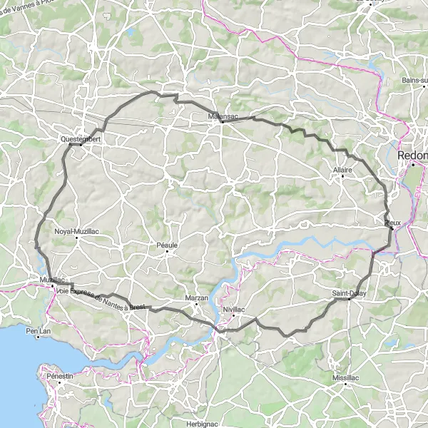 Miniature de la carte de l'inspiration cycliste "Discovery tour à Questembert et Saint-Jean-la-Poterie" dans la Bretagne, France. Générée par le planificateur d'itinéraire cycliste Tarmacs.app