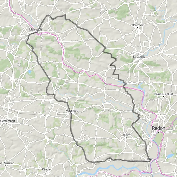 Miniature de la carte de l'inspiration cycliste "Boucle à vélo de Rieux" dans la Bretagne, France. Générée par le planificateur d'itinéraire cycliste Tarmacs.app
