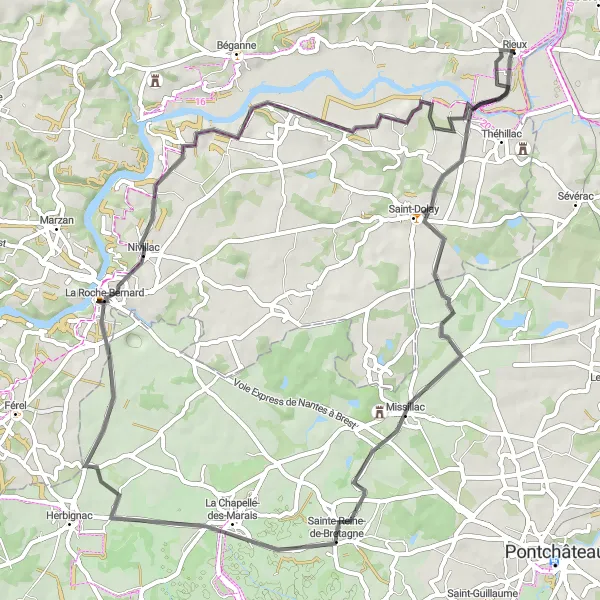 Miniature de la carte de l'inspiration cycliste "Escapade à La Roche-Bernard et Missillac au départ de Rieux" dans la Bretagne, France. Générée par le planificateur d'itinéraire cycliste Tarmacs.app