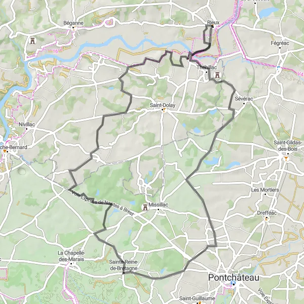 Map miniature of "Théhillac to Rieux Road Cycling Route" cycling inspiration in Bretagne, France. Generated by Tarmacs.app cycling route planner