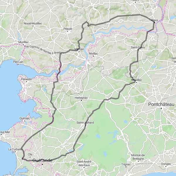 Miniature de la carte de l'inspiration cycliste "Le Tour des marais de Bretagne" dans la Bretagne, France. Générée par le planificateur d'itinéraire cycliste Tarmacs.app