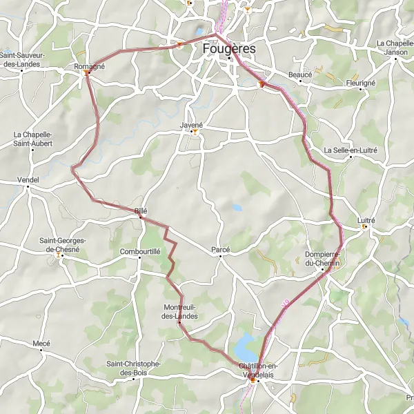 Miniature de la carte de l'inspiration cycliste "L'escapade de Romagné" dans la Bretagne, France. Générée par le planificateur d'itinéraire cycliste Tarmacs.app