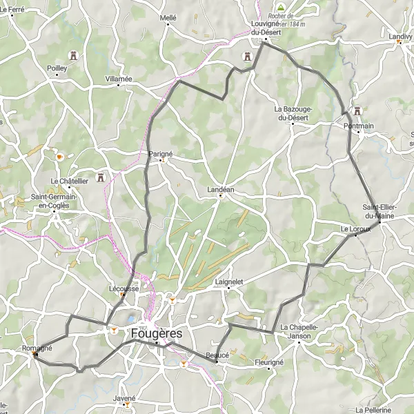 Miniature de la carte de l'inspiration cycliste "Le circuit de Louvigné-du-Désert" dans la Bretagne, France. Générée par le planificateur d'itinéraire cycliste Tarmacs.app