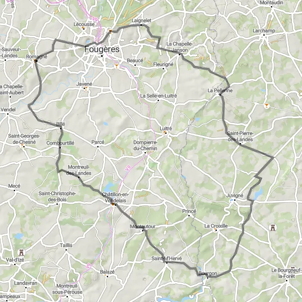 Miniature de la carte de l'inspiration cycliste "La grande boucle de Châtillon-en-Vendelais" dans la Bretagne, France. Générée par le planificateur d'itinéraire cycliste Tarmacs.app