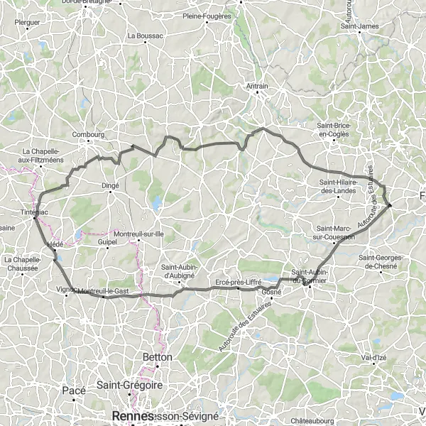Miniature de la carte de l'inspiration cycliste "La boucle du Couesnon" dans la Bretagne, France. Générée par le planificateur d'itinéraire cycliste Tarmacs.app