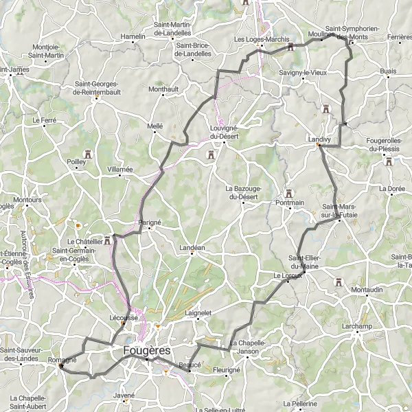Miniature de la carte de l'inspiration cycliste "Boucle vers Rocher Coupé" dans la Bretagne, France. Générée par le planificateur d'itinéraire cycliste Tarmacs.app