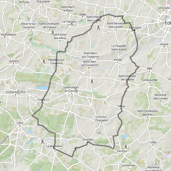Miniature de la carte de l'inspiration cycliste "Parcours à travers la campagne bretonne" dans la Bretagne, France. Générée par le planificateur d'itinéraire cycliste Tarmacs.app