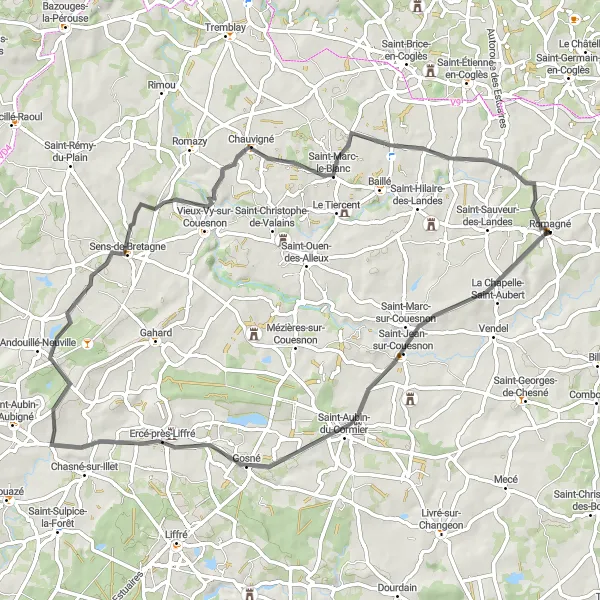 Miniature de la carte de l'inspiration cycliste "Parcours bucolique dans la campagne bretonne" dans la Bretagne, France. Générée par le planificateur d'itinéraire cycliste Tarmacs.app