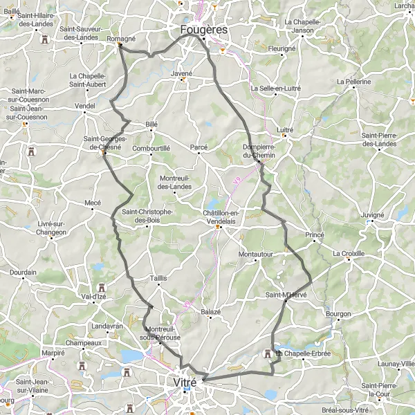 Miniature de la carte de l'inspiration cycliste "Itinéraire entre Romagné et Saint-M'Hervé" dans la Bretagne, France. Générée par le planificateur d'itinéraire cycliste Tarmacs.app