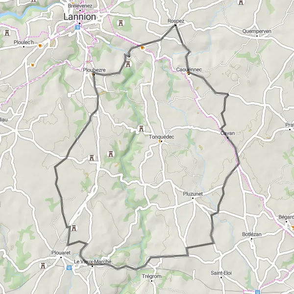 Miniature de la carte de l'inspiration cycliste "Boucle de Rospez" dans la Bretagne, France. Générée par le planificateur d'itinéraire cycliste Tarmacs.app