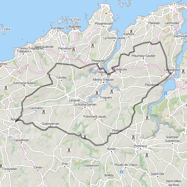 Map miniature of "Coastal Delights: Exploring Bretagne's Scenic Shoreline" cycling inspiration in Bretagne, France. Generated by Tarmacs.app cycling route planner