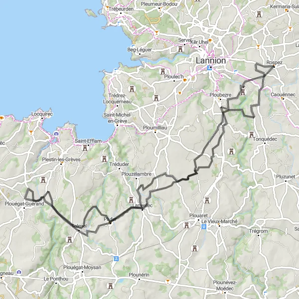 Map miniature of "The Buhulien Circuit" cycling inspiration in Bretagne, France. Generated by Tarmacs.app cycling route planner