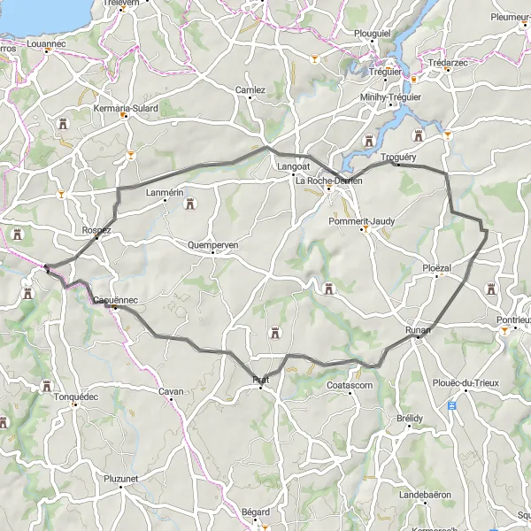 Miniature de la carte de l'inspiration cycliste "Escapade à Rospez et Prat" dans la Bretagne, France. Générée par le planificateur d'itinéraire cycliste Tarmacs.app