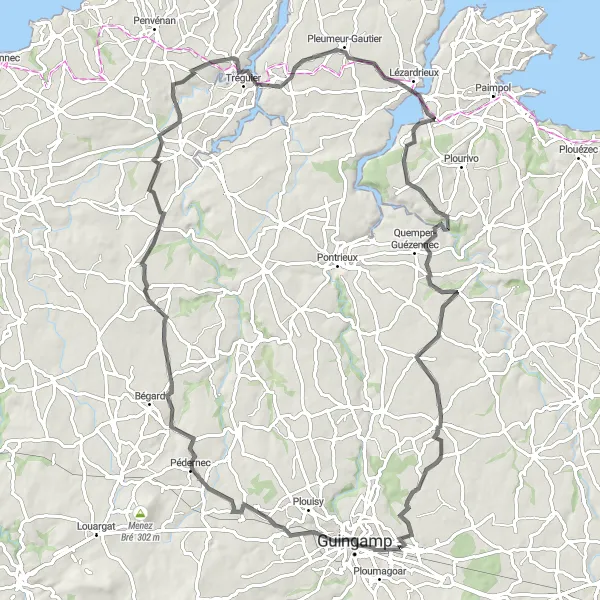 Map miniature of "Road Route through Guingamp and Saint-Gilles-les-Bois" cycling inspiration in Bretagne, France. Generated by Tarmacs.app cycling route planner