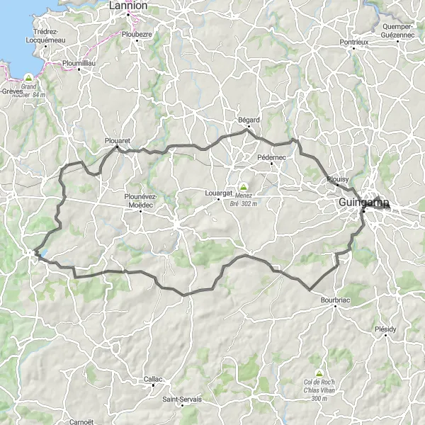 Miniature de la carte de l'inspiration cycliste "Tour des Villages Bretons vers Plouaret et Plouisy" dans la Bretagne, France. Générée par le planificateur d'itinéraire cycliste Tarmacs.app