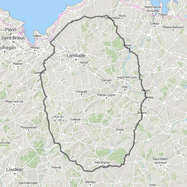 Map miniature of "The Hillside Adventure" cycling inspiration in Bretagne, France. Generated by Tarmacs.app cycling route planner