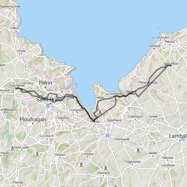 Map miniature of "The Coastal Road Loop" cycling inspiration in Bretagne, France. Generated by Tarmacs.app cycling route planner