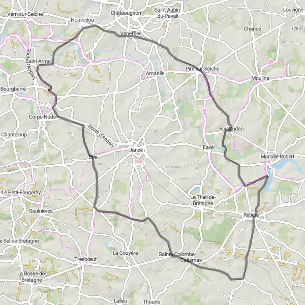 Miniature de la carte de l'inspiration cycliste "Balade champêtre au départ de Saint-Armel" dans la Bretagne, France. Générée par le planificateur d'itinéraire cycliste Tarmacs.app