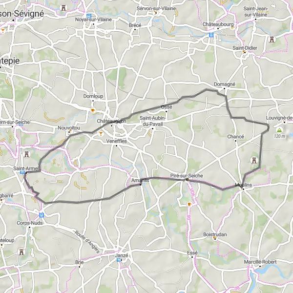Miniature de la carte de l'inspiration cycliste "Boucle à vélo de 47 km au départ de Saint-Armel" dans la Bretagne, France. Générée par le planificateur d'itinéraire cycliste Tarmacs.app