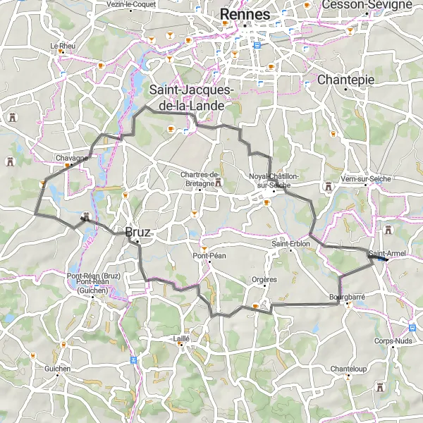 Miniature de la carte de l'inspiration cycliste "Parcours cycliste de 49 km au départ de Saint-Armel" dans la Bretagne, France. Générée par le planificateur d'itinéraire cycliste Tarmacs.app