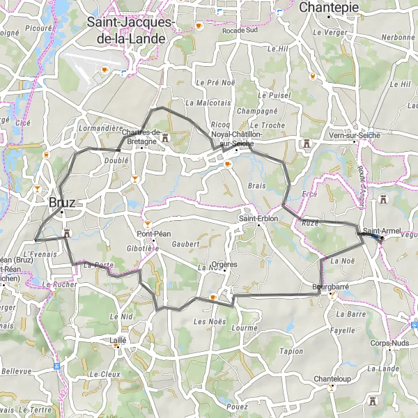 Miniature de la carte de l'inspiration cycliste "Parcours bucolique autour de Saint-Armel" dans la Bretagne, France. Générée par le planificateur d'itinéraire cycliste Tarmacs.app