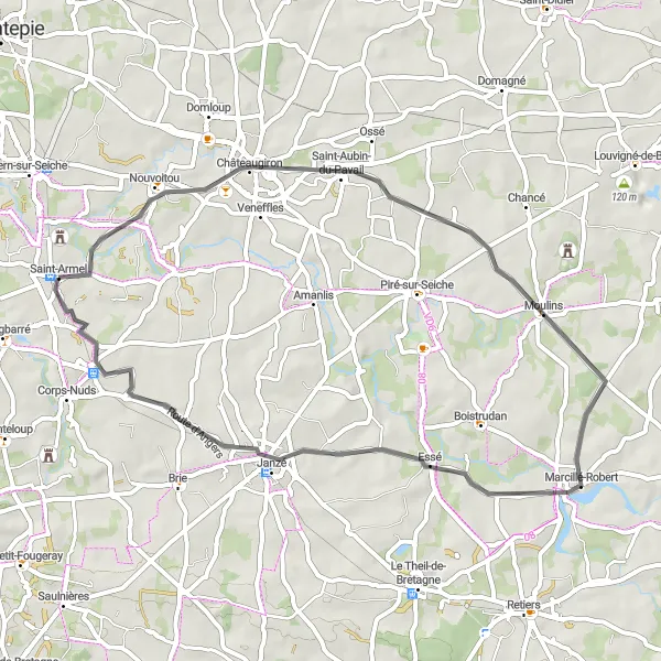 Miniature de la carte de l'inspiration cycliste "Boucle à vélo de route de 50 km près de Saint-Armel" dans la Bretagne, France. Générée par le planificateur d'itinéraire cycliste Tarmacs.app