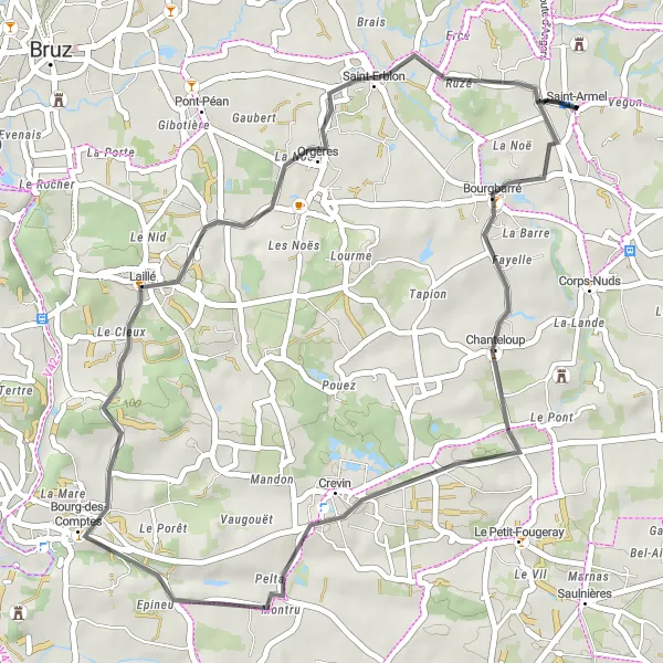 Miniature de la carte de l'inspiration cycliste "Itinéraire cyclable de 42 km dans les environs de Saint-Armel" dans la Bretagne, France. Générée par le planificateur d'itinéraire cycliste Tarmacs.app