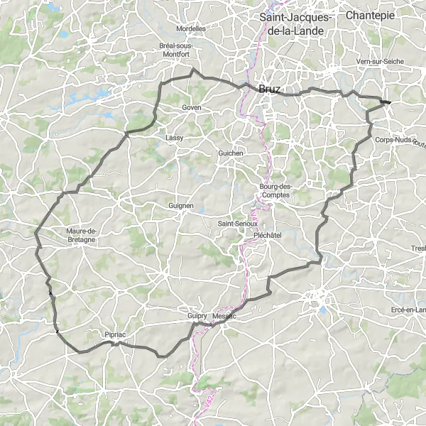 Miniature de la carte de l'inspiration cycliste "Aventure à travers les terres bretonnes" dans la Bretagne, France. Générée par le planificateur d'itinéraire cycliste Tarmacs.app