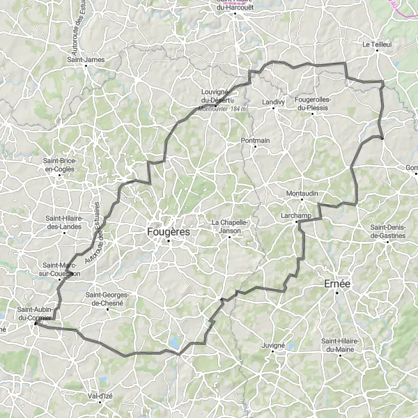 Map miniature of "Scenic Road Cycling Adventure near Saint-Aubin-du-Cormier" cycling inspiration in Bretagne, France. Generated by Tarmacs.app cycling route planner