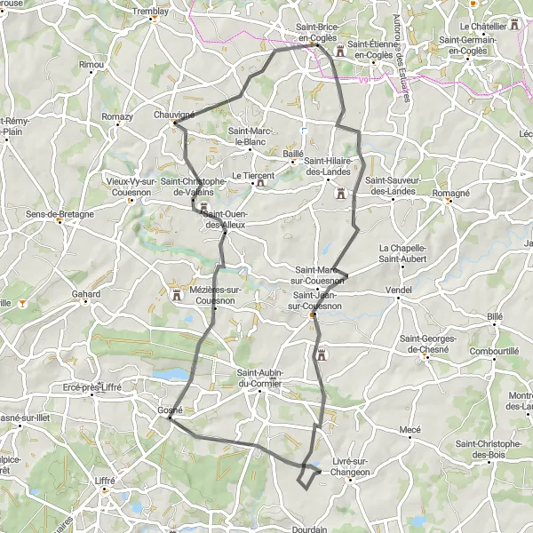 Miniature de la carte de l'inspiration cycliste "La Vallée de la Couesnon" dans la Bretagne, France. Générée par le planificateur d'itinéraire cycliste Tarmacs.app