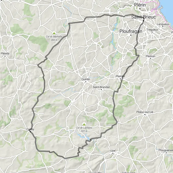Miniature de la carte de l'inspiration cycliste "Aventure à travers la campagne bretonne" dans la Bretagne, France. Générée par le planificateur d'itinéraire cycliste Tarmacs.app