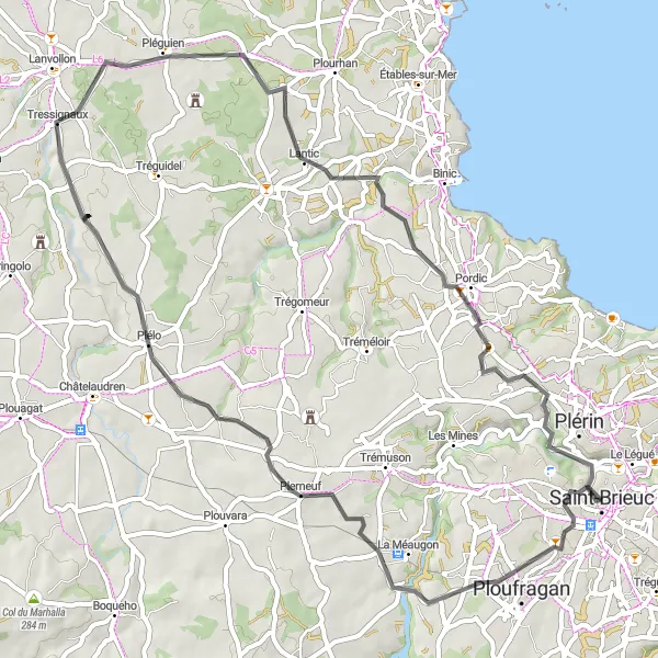 Miniature de la carte de l'inspiration cycliste "Vers la côte de granit rose" dans la Bretagne, France. Générée par le planificateur d'itinéraire cycliste Tarmacs.app