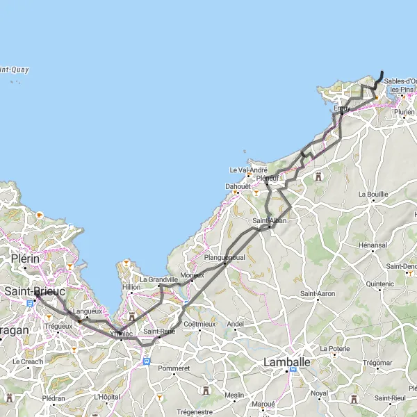 Miniature de la carte de l'inspiration cycliste "Circuit Yffiniac - Erquy" dans la Bretagne, France. Générée par le planificateur d'itinéraire cycliste Tarmacs.app