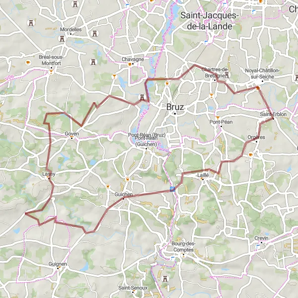 Map miniature of "Gravel Adventure from Saint-Erblon to Chartres-de-Bretagne" cycling inspiration in Bretagne, France. Generated by Tarmacs.app cycling route planner