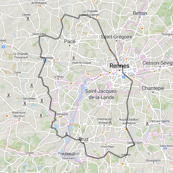 Miniature de la carte de l'inspiration cycliste "Les Châteaux de la Vilaine" dans la Bretagne, France. Générée par le planificateur d'itinéraire cycliste Tarmacs.app